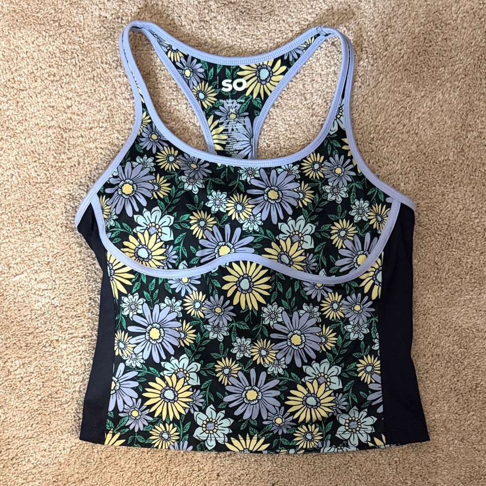 SO Floral Racerback Tank Top in Black, Yellow, Light Purple